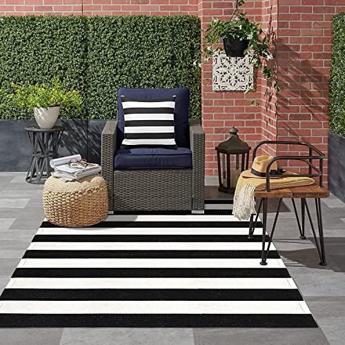 LEEVAN Black and White Outdoor Rug 3X5, Cotton Washable Striped Patio Rugs Hand Woven Front Door Mat, Reversible Entryway Rug Farmhouse Black Floor Carpet for Balcony/Courtyard/Entrance - color: Black and White Stripes, size: 3' x 5' (Rectangular)