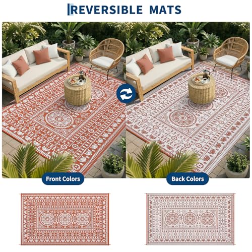Garvee Reversible Outdoor Rug 9x18 for Patio, Waterproof Outdoor Area Rug, Modern Medallion Indoor Outdoor Rugs, Plastic Straw Rug for RV, Camping, Deck, Vintage Terracotta - color: Terracotta & White, size: 9' x 18' (Rectangular)