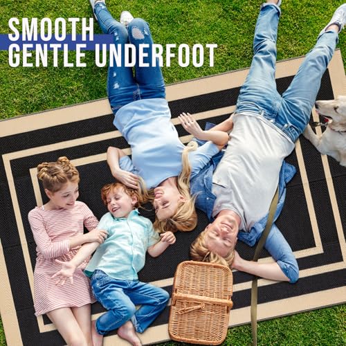 OLANLY Outdoor Rug 5x8 ft Waterproof, Reversible Outdoor Plastic Straw Rug, RV Mat, Indoor Outdoor Carpet Clearance for Patio, Camping, Balcony, Deck, Backyard, Black & Beige - color: Black & Beige, size: 5' X 8' (Rectangular)