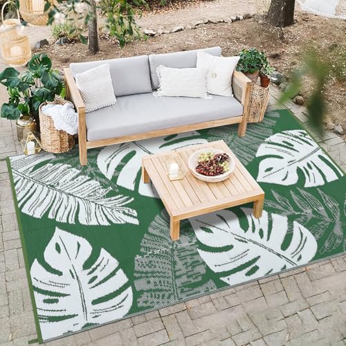 Waterproof Outdoor Area Rug 9x12 ft, Reversible Mat Leaf Tropical Patio Rug, Plastic Tropical Leaf Porch Mat, Large Straw Patio Rug for RV, Camper, Deck, Balcony, Porch, Beach, Picnic - color: Green & White, size: 12' x 9' (Rectangular)