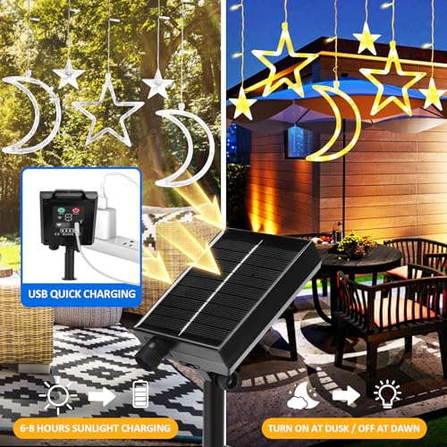 Moon Stars Solar String Lights for Outdoor, Christmas Decorations Curtain Lights with Remote Control and USB Backup Charger, Automatic ON-Off, IP65 Waterproof, Warm Yellow
