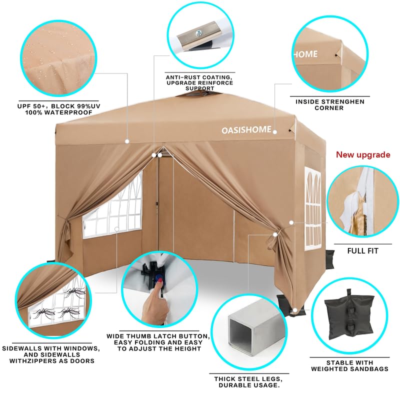 OASISHOME Pop-up Gazebo Instant Portable Canopy Tent 10'x10', with 4 Sidewalls, Windows, Wheeled Bag, for Patio/Outdoor/Wedding Parties and Events (10FTx10FT, Khaki) - color: Khaki