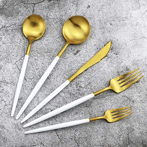White Handle Matte Gold Silverware Set,Gugrida 5-Piece 18/10 Stainless Steel Satin Finish Flatware Set,Kitchen Utensil Set,Tableware Travel Cutlery Set for Camping Office Lunch, Dishwasher Safe - color: White Handle Gold, size: Service for 1