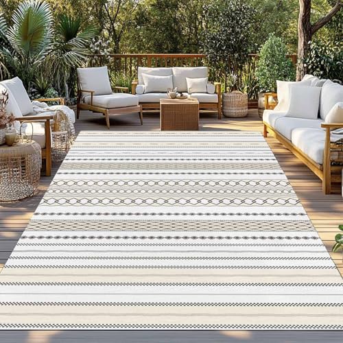 Outdoor Rug 5x7ft, Gray Stripes Boho Ethnic Style Indoor Area Rug for Patio Backyard Deck Large Floor Mat, Abstract Geometric Art Non-Slip Outside Carpet Balcony Porch Camping Rugs Picnic Mat - size: 5' x 7' (Rectangular)