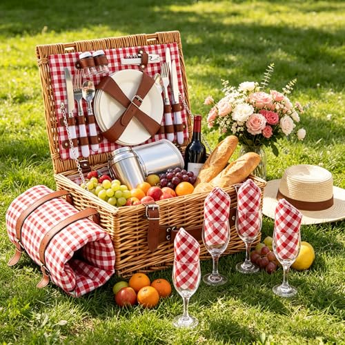 Willow Picnic Basket Set for 4 with Large Insulated Bag and Waterproof Picnic Blanket，Utensils, Glasses, Wicker Picnic Hamper for Camping,Outdoor,Birthday, Valentine, Red - color: Red With Blanket, size: For 4 Persons