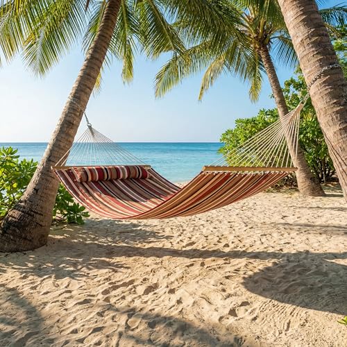 Sunnydaze Quilted Double Hammock for Outside with Spreader Bars and Pillow - 450 lb Capacity, 74x55 Inch Bed, UV Resistant, Quick Dry - Chains Included, Stand Sold Separately - Awning Stripe - color: Awning Stripe