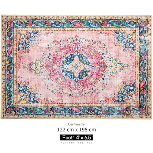 Area Rug 4x6.5 Pink Boho Rug Washable Vintage Rug for Kitchen Living Room Bedroom Bathroom Office Low Pile Non Slip Indoor Floor Carpet - color: A#pink, size: 4' x 6.5' (Rectangular)