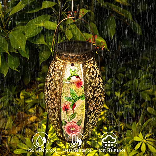 Larekook Hummingbird Solar Lantern Outdoor Waterproof,13" Large Metal Hanging Lantern Decorative,Hummingbird Solar Lights for Yard Lawn Porch Patio Garden Decor,Birthday Gifts for Women Mom - style: 2 Hummingbird