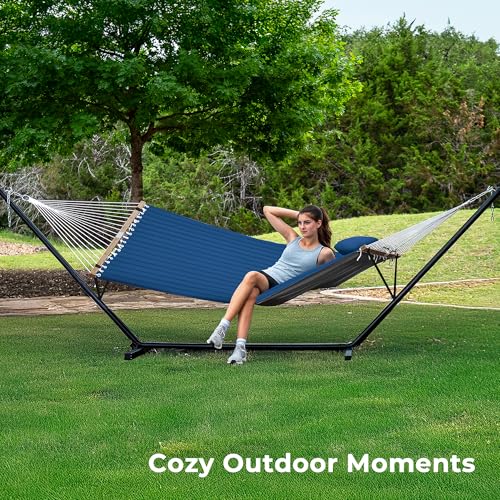 SUPERJARE Hammock with Stand, 2 Person Quilted Outdoor Hammock, Detachable Pillow & Bamboo Spreaders, Portable Hammock with Carrying Bag, Heavy Duty Stand, Perfect for Outside, Patio, Navy Blue - color: Navy Blue, size: 62.9"W × 78.7''D × 43.3''H