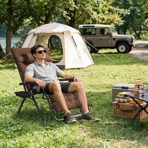 Amopatio Oversized Padded Zero Gravity Chair, XL 29In Reclining Camping Lounge Chair w/Removable Cushion&Headrest, Upgraded Lock and Footrest, Folding Patio Recliner for Indoor Outdoor, Brown - color: Brown XL, size: 29in