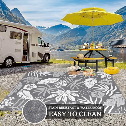 Pauwer Waterproof Outdoor Rug 8x10, Reversible Plastic Straw Patio Camping Rug, Indoor Outdoor RV Mat Carpet for Deck, Camper, Porch, Balcony, Backyard, Picnic, Floral Grey - color: Floral Grey, size: 8' x 10' (Rectangular)