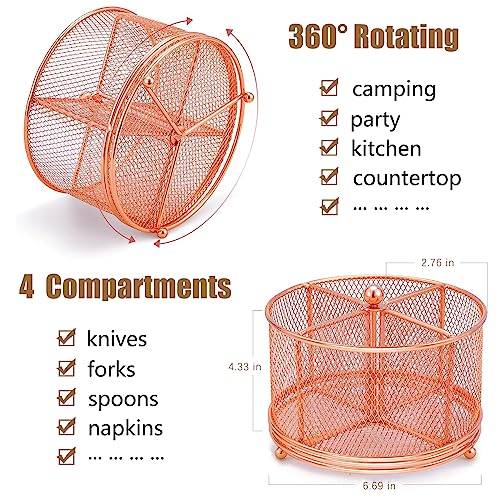DysanVica 360 Rotating Metal Utensil Caddy - 4 Compartment Silverware Cutlery Holder Fork Spoon Napkin Organizer Flatware Storage Basket Party Countertop Buffet Picnic Camping Outdoor Rose Gold Pink - color: Rose Gold
