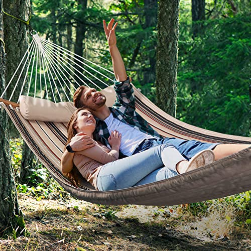 Double Hammock, 11 FT Quilted Fabric 2 Person Hammock for Outside with Pillow, Folding Curved Spreader Bar, Chains, Carrying Bag, Indoor Outdoor, 450 IB Capacity, Havana Brown - color: Havana Brown
