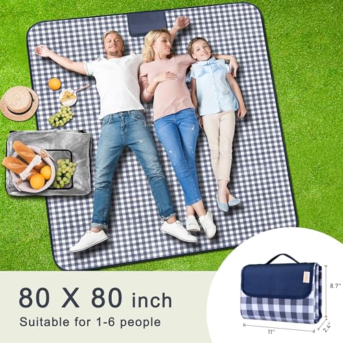 SAMSIER Outdoor Picnic Blankets Waterproof Foldable, Large Beach Blanket Sandproof, Gingham Picnic Mat Cute Washable Portable (Navy Blue, 80"×80") - color: Navy Blue, size: 6'8" x 6'8" (Square)