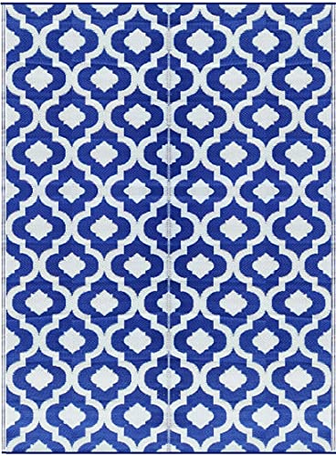 Outdoor Rug - 2 PK 5x7 Blue, Reversible Recycled Plastic Straw Outdoor Patio Rugs Clearance Waterproof Large RV Camper Mats 491 - color: Blue, White, size: 2 Pack 5 ft x 7 ft (Rectangular)