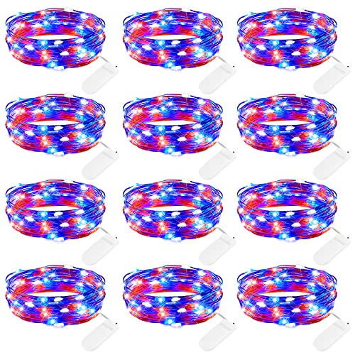 Brightown 4th of July Decor Patriotic Fairy Lights, 7 FT. Silver Wire Red White Blue String Lights, Firefly Starry Moon Lights, Micro LED Mini Fairy Lights for Jars DIY Picture Wedding - color: Red White & Blue, size: 12 Pack