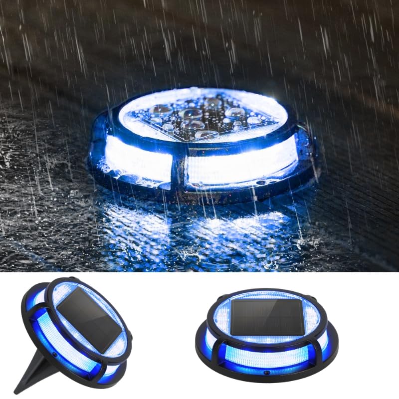 LUTEC 2 Pack Solar Deck Lights Driveway Dock 12 LEDs Light Solar Powered Outdoor Waterproof Road Markers for Step Sidewalk Stair Garden Ground Pathway Yard (Blue) - color: Blue, size: 2 Pack
