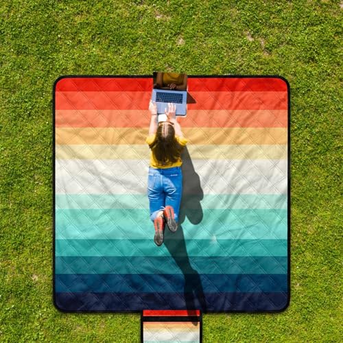 Waterproof Picnic Blankets,79''x79'' Extra Large Foldable Sandproof Beach Blanket,Portable 3-Layer Polyester Outdoor Picnic Blanket for Grass Lawn,Beach,Family Camping,Park,Travel-Rainbow Stripe - color: Rainbow Stripe