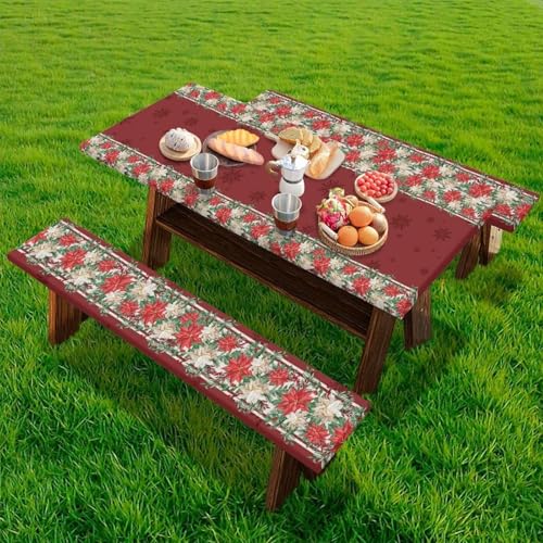 Christmas Red Flowers Outdoor Picnic Table Cover Decorations 3 PCS Set Fitted for Camping - color: Christmas Red Flowers1, size: Small
