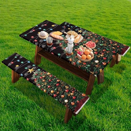 Christmas Tree Elastic Picnic Table Cover with Bench Covers Colored Lights Xmas Decoration Camping Table Cloth for Picnic Table 3 PCS Set Size S/L - color: Christmas Tree Colored Lights Decoration, size: Small
