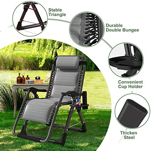 NAIZEA Padded Zero Gravity Chair, Cooling Fabric Folding Outdoor Lounge Chairs, Adjustable Reclining Camping Chairs with Cup Holder, Ergonomic Patio Lawn Chair for Balcony Beach Deck Yard - color: Ice Silk Gray, style: Zero Gravity Chair 2 Pack