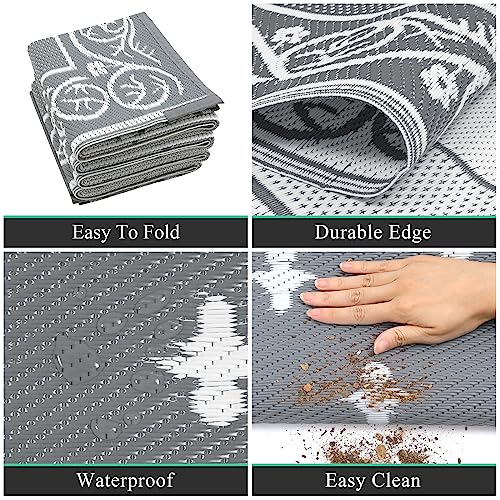 Pauwer Waterproof Outdoor Rug 6x9, Reversible Plastic Straw Patio Camping Rug, Indoor Outdoor RV Mat Carpet for Deck, Camper, Porch, Balcony, Backyard, Picnic, Bordered Grey - color: Bordered Grey, size: 6' x 9' (Rectangular)