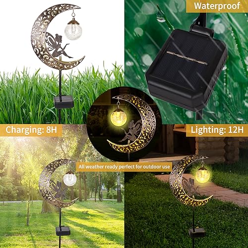 Solar Garden Lights Outdoor Decor,Moon Fairy Crackle Glass Lights,Waterproof Warm White LED Metal Stake Ornament,for Walkway Backyard Patio Lawn Pathway Decorations-Unique Gift Ideas for Gardening - color: Bronze Moon Fairy
