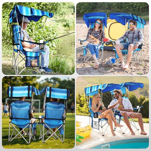 VTOY Portable Camping Chair with Canopy - Folding Chair with Canopy, Durable 600D Oxford Canopy Chair for Camping, Beach, Picnics, Fishing & Sports - color: 1pack Stripe Blue