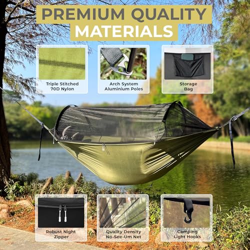 ADVOKAIR Camping Hammock with Mosquito Net Up to 500lbs, Ultralight and Portable Nylon Travel Hanging Hammock with Tree Straps, Perfect for Outside, Backpacking, Hiking and Backyard - color: Green, size: 118"L x 71"W