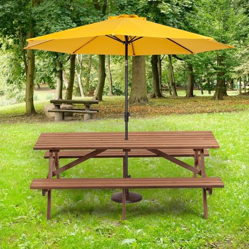 Outdoor Wooden Picnic Table with Benches and Umbrella Hole, Rustic Style Lifetime Picnic Table Bench Set for 6 or 8 Person for Backyard, Porch, Patio, and Deck, Brown - size: Rectangle-6person