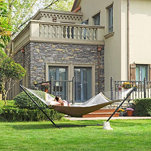SONGMICS Hammock, Quilted Hammock with Curved Bamboo Spreaders, Pillow, 78.7 x 55.1 Inches, Portable Padded Hammock Holds up to 495 lb, Gray and Beige UGDC34CG - color: Gray + Beige