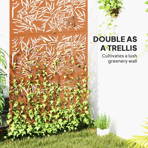 Outsunny Metal Outdoor Privacy Screen, 78" H x 48" W Decorative Privacy Fence Screen, Freestanding Outdoor Divider with Stand, Climbing Plant Trellis for Garden Walkway, Balcony, Patio, Bamboo Brown - color: Brown/Bamboo