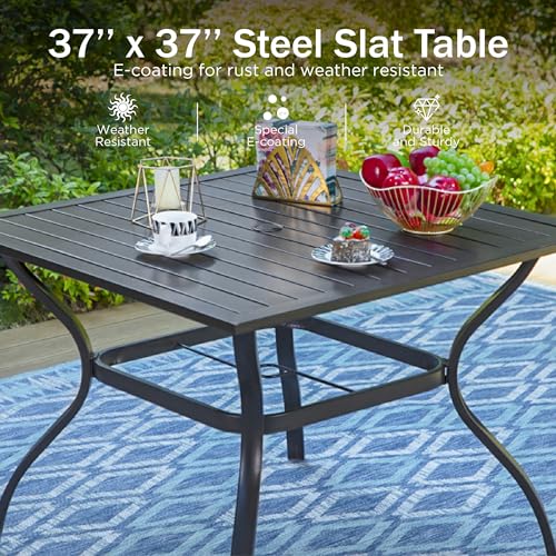 PHI VILLA 5 Pieces Outdoor Dining Set for 4, 37” Black Square Metal Table with Umbrella Hole & Stackable Wrought Iron Chairs, Outdoor Table and Chairs for Patio, Deck, Yard, Porch - color: Net Back Chair, size: 5pcs-37" Steel Table