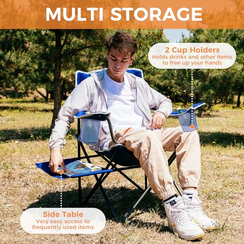 FUNDANGO Folding Padded Camping Chair, Portable Outdoor Full Back Lawn Arm Chair with Side Table Cup Holder Side Pocket for Garden, Picnic, BBQ with Carry Bag, Support 300LBS - color: Blue-2