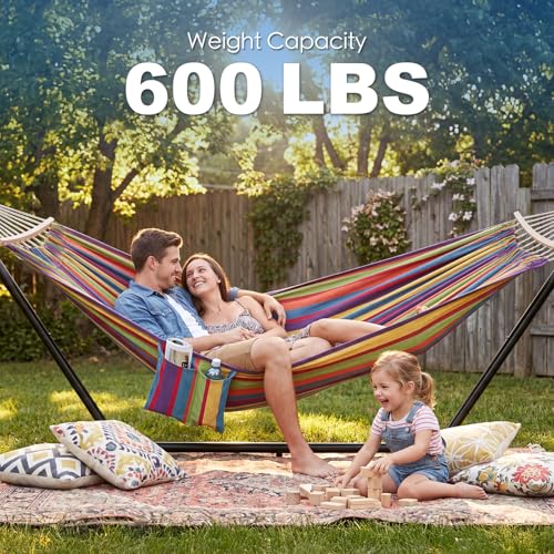 GAFETE Double Hammock with Stand for Outside, Upgraded Spreader Bar, Heavy Duty Space Saving Steel Stand 2 Person, Side Pockets, Easy Assembly, 600lbs Weight Capacity, Indoor & Outdoor (Classic Red) - color: Classic Red