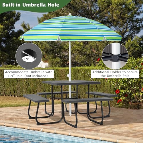 Giantex Picnic Table Bench Set for Up to 8 Persons, Square Outdoor Table and Bench with Umbrella Hole, HDPE Top & Metal Frame, 2000LBS Capacity, Patio Table Bench Set for Deck Backyard Garden, Black - color: Black, size: Square-35"x35"x30"