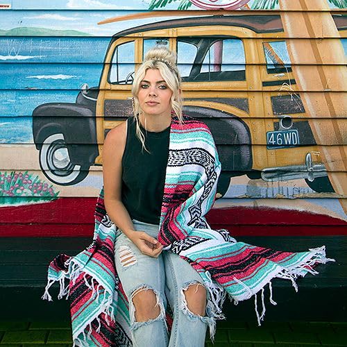 Del Mex Classic Mexican Blanket, Large Authentic Woven Falsa Throw (70"x50"), Artisan Southwest Décor for Beach, Yoga, Outdoors (Pink/Mint) - color: Pink/Mint