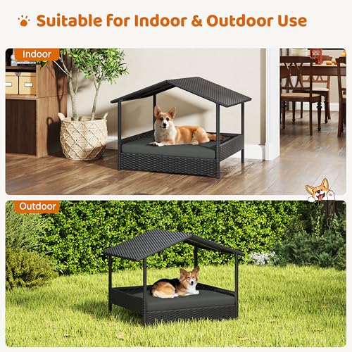 Yaheetech Wicker Dog House Outdoor Indoor with Canopy, Elevated Dog Shelter Dog Bed with Cushion for Small/Medium Dogs, Shade for Deck, Patio, Yard, Pool, Black House, Gray Cushion