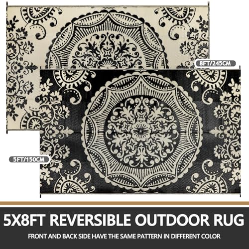 Capslpad 5x8 Outdoor Rug Waterproof Camel Boho Floral Patio Carpet Portable Plastic Straw Rug Foldable Outside Carpet with Carry Bag for RV Backyard Balcony Bench Picnic Porch - color: Black&brown, size: 5' x 8' (Rectangular)