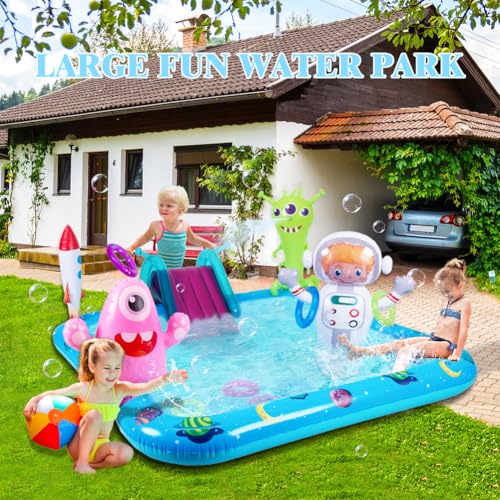 Inflatable Play Center Pool with Slide, Space Astronaut Square Kiddie Pool, 94.5" Square Outdoor Water Play Center with Sprinkler & Ring Toss for Summer Outdoor, Garden/Backyard Fun - size: 94.5"