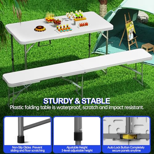 VSOAEIL Folding Table 4 Foot for Indoor Outdoor, Portable Heavy Duty Fold-in-Half Utility Small Plastic Adjustable Height Folding with Carrying Handle for Picnic and Party, White - color: White, size: 4 Ft - 1 Pack