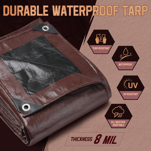 12x16 FT 8 Mil Waterproof Poly Tarp, UV Resistant & Rip Tear Resistant Reversible Poly Tarp with Grommets, Multipurpose Protective Cover for Carport, Large Equipment Storage & Patio Canopy - color: Brown, size: 12x16
