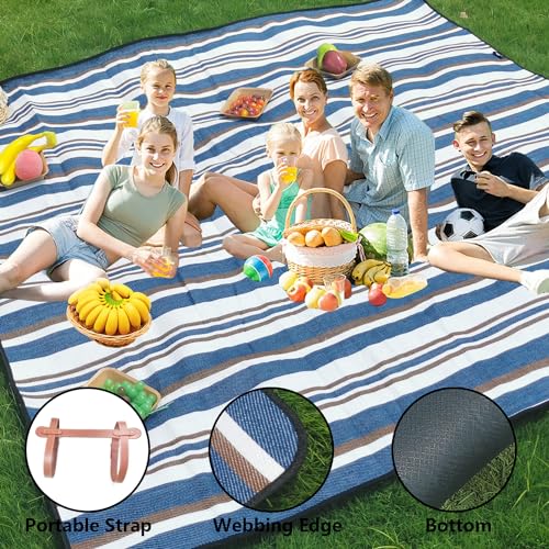 79”x79” Picnic Blanket Extra Large, Waterproof and Foldable Beach Blanket, 3-Layer Outdoor Blanket for 6 to 8 Adults, for Camping, Park, Beach, Grass, Indoors - color: Mocha and Blue Stripe
