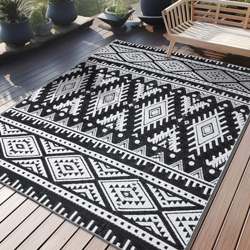 OLANLY Outdoor Rug Waterproof 5x8 ft, Reversible Outdoor Plastic Straw Rug, Boho Patio Rug, Indoor Outdoor Carpet, RV Mat Outside for Patio, Camp, Picnic, Balcony, Deck, Backyard, Black & White - color: Black & White, size: 5' X 8' (Rectangular)