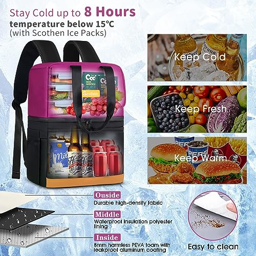 Scothen Backpack Cooler with Double Decker & 12 Ice Packs- Keeps 36 Cans Cold for Up to 24 Hours- Waterproof & Leak Proof Insulated Cooler Backpack- Stylish Cooler Bookbag for Women Travel Work Beach - color: Black Purple