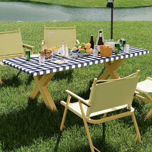 Smiry Picnic Table Cloth 2 Pack, Waterproof Elastic Fitted Tablecloths for 18x72 Rectangle Tables, Washable Polyester Buffalo Plaid Tablecloth for Camping, Dining & Outdoor (Navy & White, 18" x 72") - color: Navy and White, size: 18" x 72"