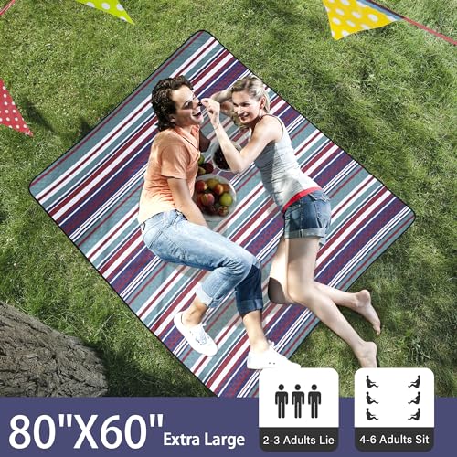 HX&OD Large Picnic Blanket Outdoor 80”x60” Waterproof Picnic Mat Foldable 3-Layer Camping Blanket Portable with Carry Strap Park Blanket for Grass(Red) - color: Red, size: 80”x 60”