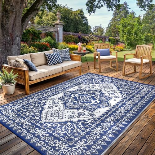 GarveeHome 8x10 Outdoor Rug Waterproof Reversible Outdoor Plastic Straw Rug Vintage Oriental Medallion Patio Rug Indoor Outdoor Carpet RV Mat Outside for Patio Camp Balcony Deck Picnic, Navy and White - color: Vintage Navy/White, size: 8' x 10' (Rectangul