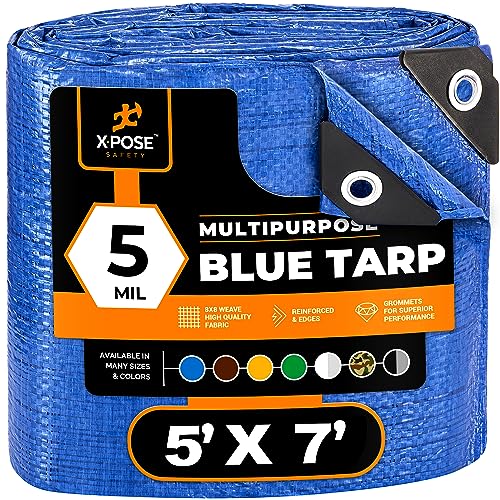 Better Blue Poly Tarp - 5' X 7' - Multipurpose Protective Cover, Lightweight, Durable, Waterproof, Weather Proof - 5 Mil Thick Polyethylene - by Xpose Safety - color: Blue, size: 5 Feet X 7 Feet