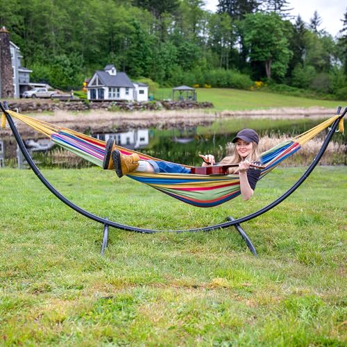 SUNCREAT Portable Large Hammock with Stand, Two Person Hammock with Stand Included, Rainbow Stripes - color: Yellow Purple